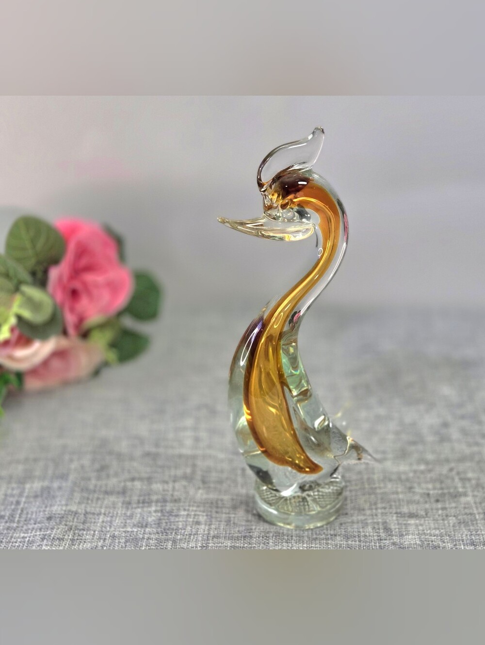 Vintage Murano Sommerso Art Glass Duck Swan Figurine 9" Amber Yellow MCM Italy